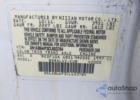 2012 Nissan Sentra 2.0 Sl z USA, uszkodzony, nr VIN 3N1AB6AP3CL653784